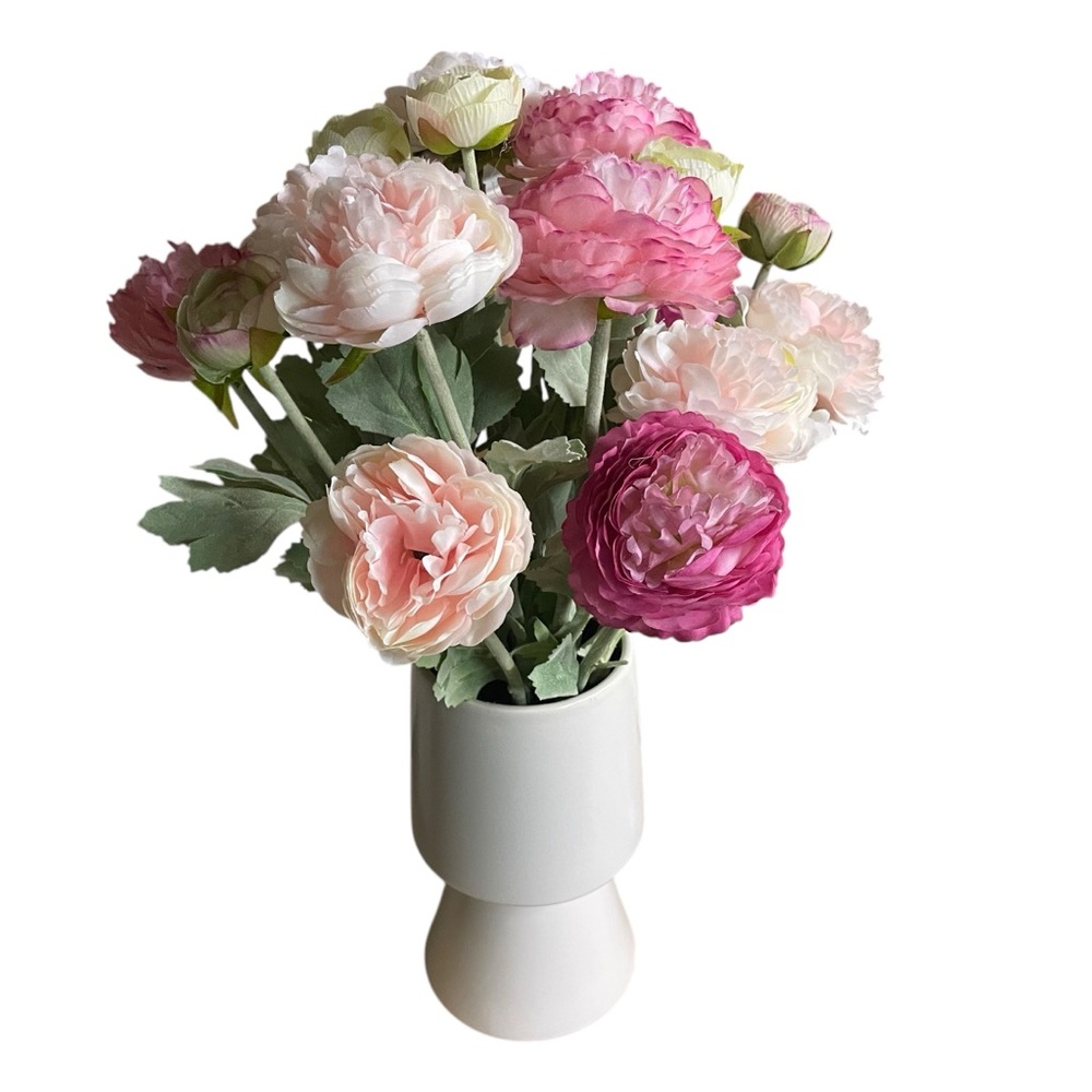 PEONIES Pink and White Floral rosy Peony Arrangement in ceramic matte white vase